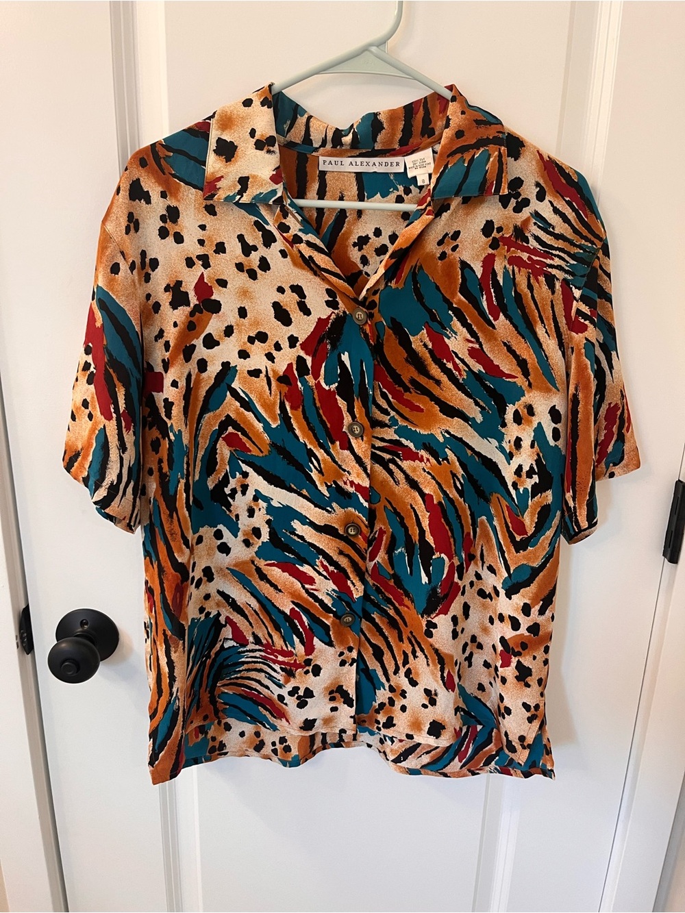 Vintage Paul Alexander Teal & Rust Animal-Print Short-Sleeve silk Blouse
